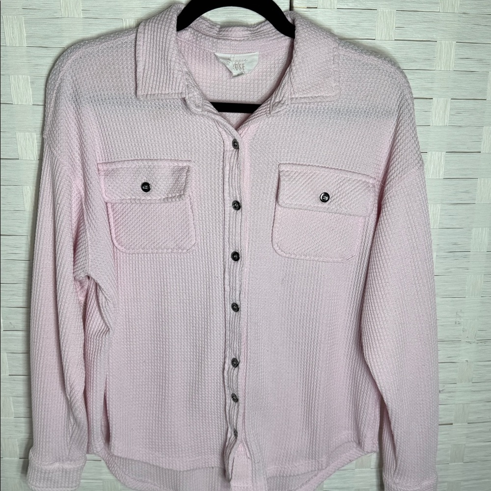 Hippie Rose Pink Waffle Knit Button Down Shirt Double Front Pockets Size Small - Picture 2 of 9
